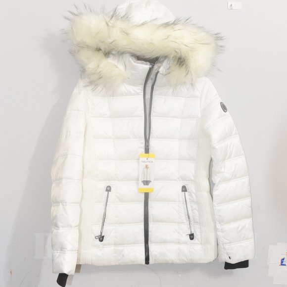 NWT Nautica Women's Zip Off Hood Faux Fur Trim Puffer Jacket WHITE - Picture 3 of 13